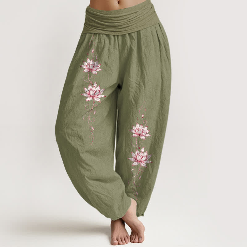 Buddha Stones Pantalones harem de mujer con cintura elástica y estampado de flor de loto, de algodón puro. - Verde oliva - US16，UK/AU20，EU48 (3XL) - image 11