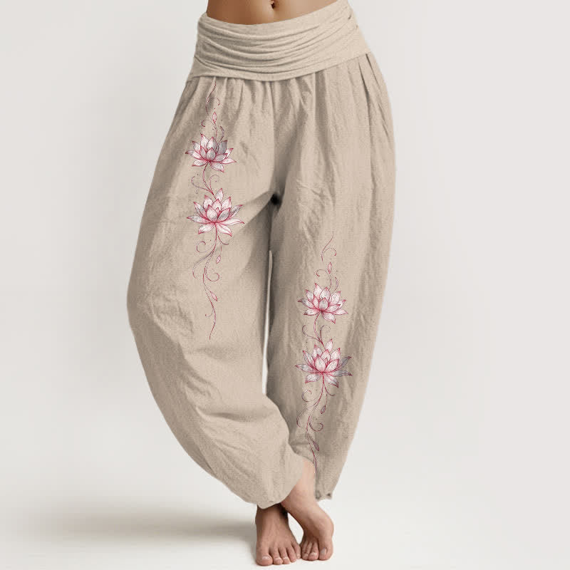 Buddha Stones Pantalones harem de mujer con cintura elástica y estampado de flor de loto, de algodón puro. - Broncearse - US16，UK/AU20，EU48 (3XL) - image 14