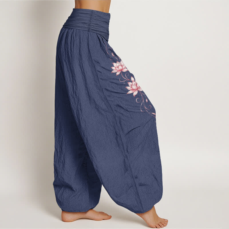 Buddha Stones Pantalones harem de mujer con cintura elástica y estampado de flor de loto, de algodón puro. - image 7