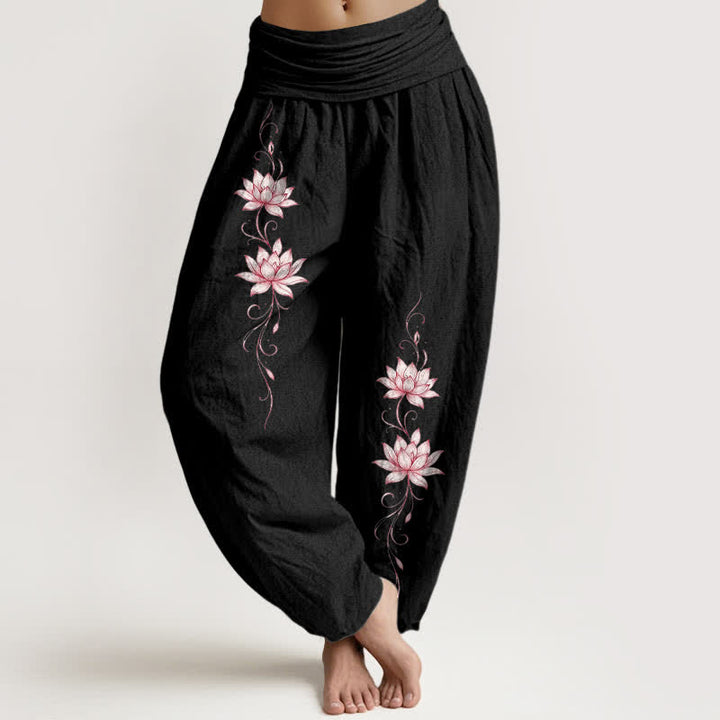 Buddha Stones Pantalones harem de mujer con cintura elástica y estampado de flor de loto, de algodón puro. - Negro - US16，UK/AU20，EU48 (3XL) - image 0