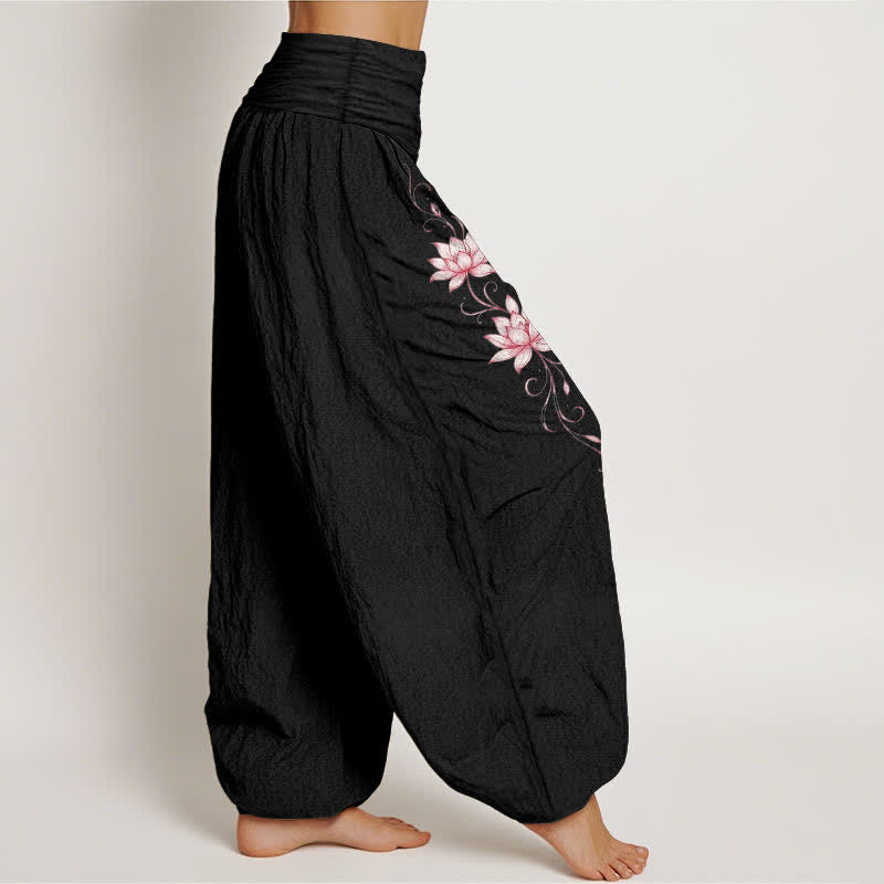 Buddha Stones Pantalones harem de mujer con cintura elástica y estampado de flor de loto, de algodón puro. - image 2