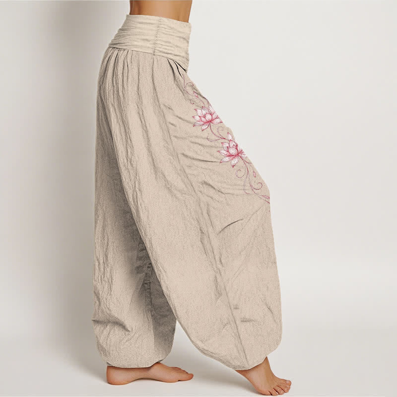 Buddha Stones Pantalones harem de mujer con cintura elástica y estampado de flor de loto, de algodón puro. - image 16