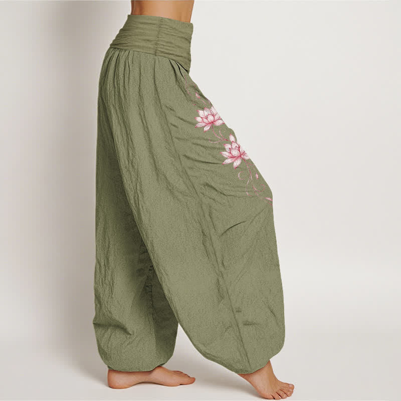Buddha Stones Pantalones harem de mujer con cintura elástica y estampado de flor de loto, de algodón puro. - image 13