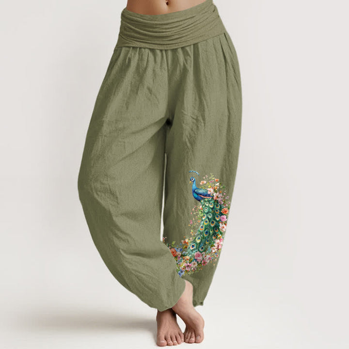 Buddha Stones Pantalones harem de mujer con cintura elástica y estampado floral de pavo real, de algodón puro. - Verde oliva - US16，UK/AU20，EU48 (3XL) - image 11
