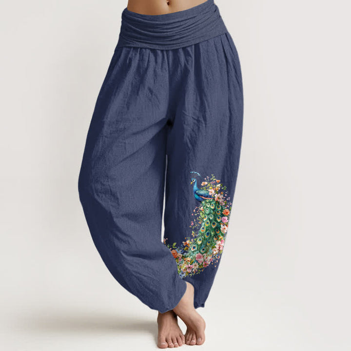 Buddha Stones Pantalones harem de mujer con cintura elástica y estampado floral de pavo real, de algodón puro. - Azul pizarra oscuro - US16，UK/AU20，EU48 (3XL) - image 5