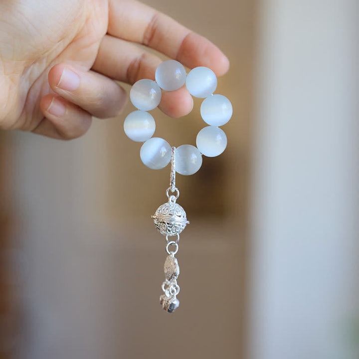 Buddha Stones Adornos de cuentas táctiles para meditación Ruyi con forma de campana de ojo de gato blanco - image 4