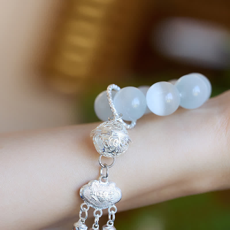 Buddha Stones Adornos de cuentas táctiles para meditación Ruyi con forma de campana de ojo de gato blanco - image 5