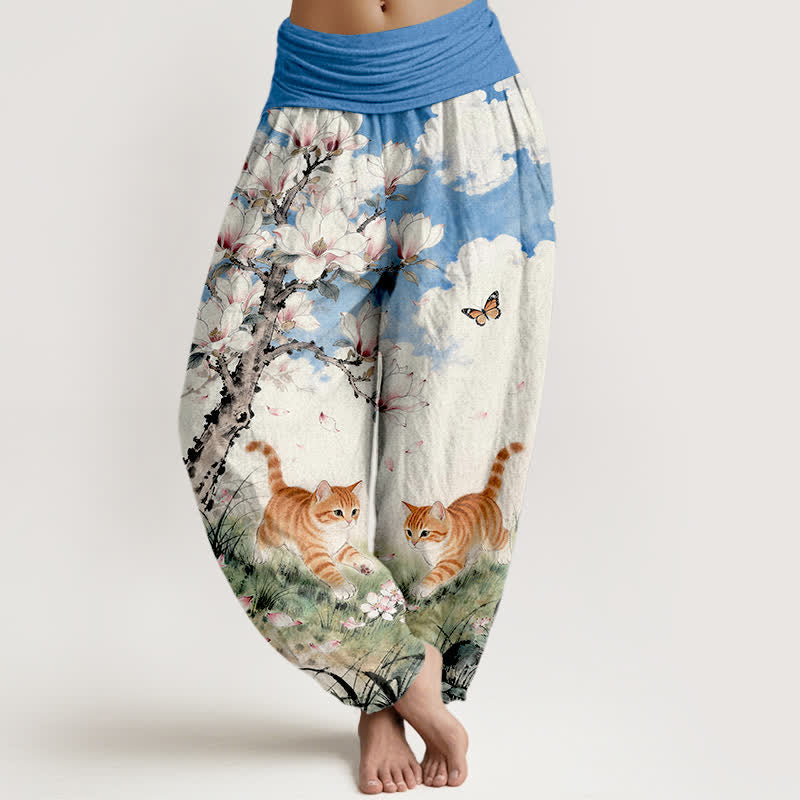 Buddha Stones Pantalones harem de mujer con cintura elástica y estampado de gatos atigrados naranjas Magnolia, de algodón puro. - Azul aciano - US16，UK/AU20，EU48 (3XL) - image 0