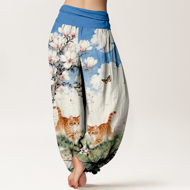 Buddha Stones Pantalones harem de mujer con cintura elástica y estampado de gatos atigrados naranjas Magnolia, de algodón puro. - image 1