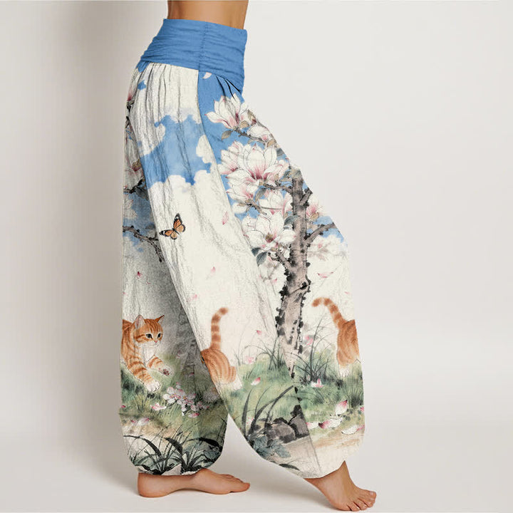 Buddha Stones Pantalones harem de mujer con cintura elástica y estampado de gatos atigrados naranjas Magnolia, de algodón puro. - image 2