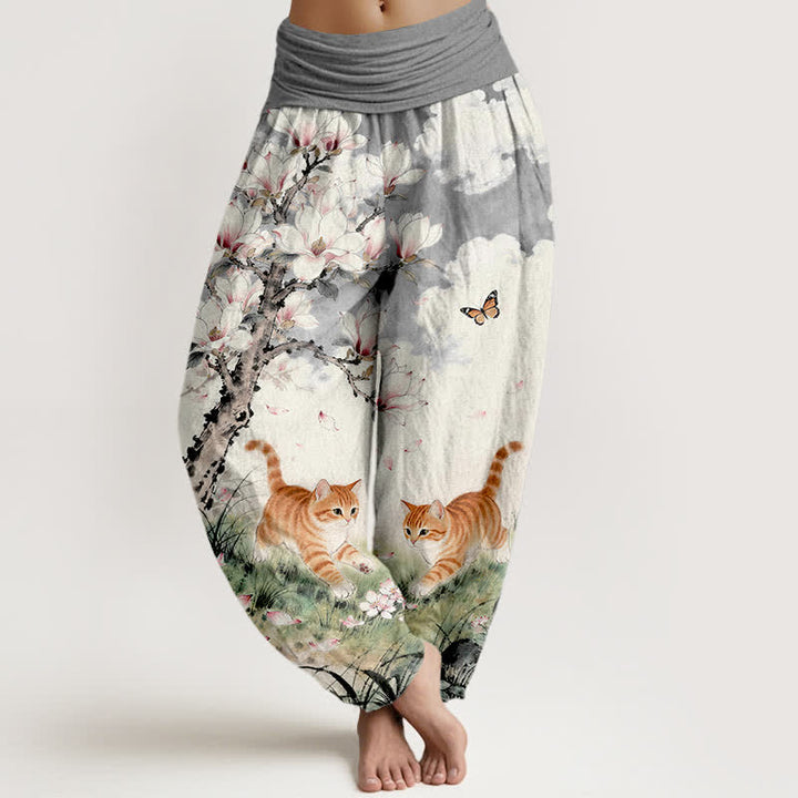 Buddha Stones Pantalones harem de mujer con cintura elástica y estampado de gatos atigrados naranjas Magnolia, de algodón puro. - Gris - US16，UK/AU20，EU48 (3XL) - image 5