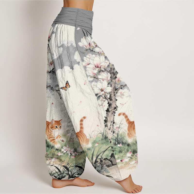 Buddha Stones Pantalones harem de mujer con cintura elástica y estampado de gatos atigrados naranjas Magnolia, de algodón puro. - image 7