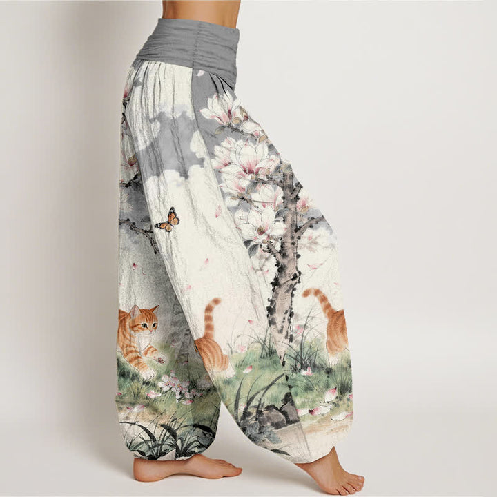 Buddha Stones Pantalones harem de mujer con cintura elástica y estampado de gatos atigrados naranjas Magnolia, de algodón puro. - image 7