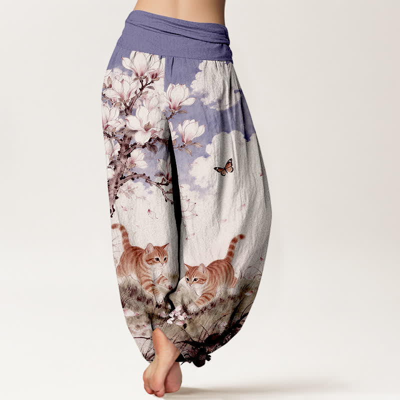 Buddha Stones Pantalones harem de mujer con cintura elástica y estampado de gatos atigrados naranjas Magnolia, de algodón puro. - image 9