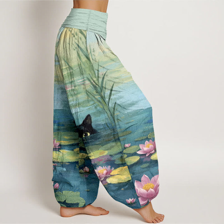 Buddha Stones Pantalones harem de mujer con cintura elástica y estampado de gato y loto de algodón. - image 2