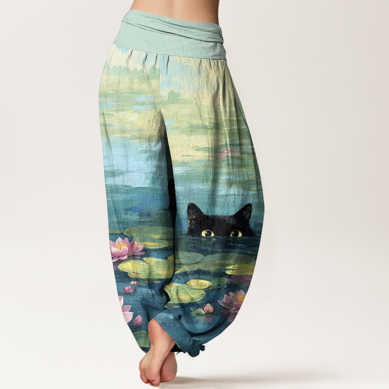 Buddha Stones Pantalones harem de mujer con cintura elástica y estampado de gato y loto de algodón. - image 1