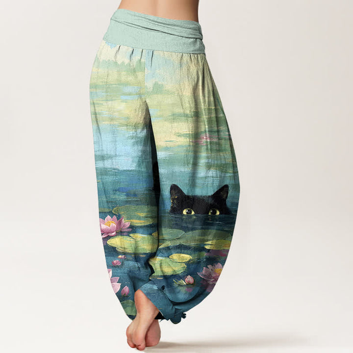 Buddha Stones Pantalones harem de mujer con cintura elástica y estampado de gato y loto de algodón. - image 1