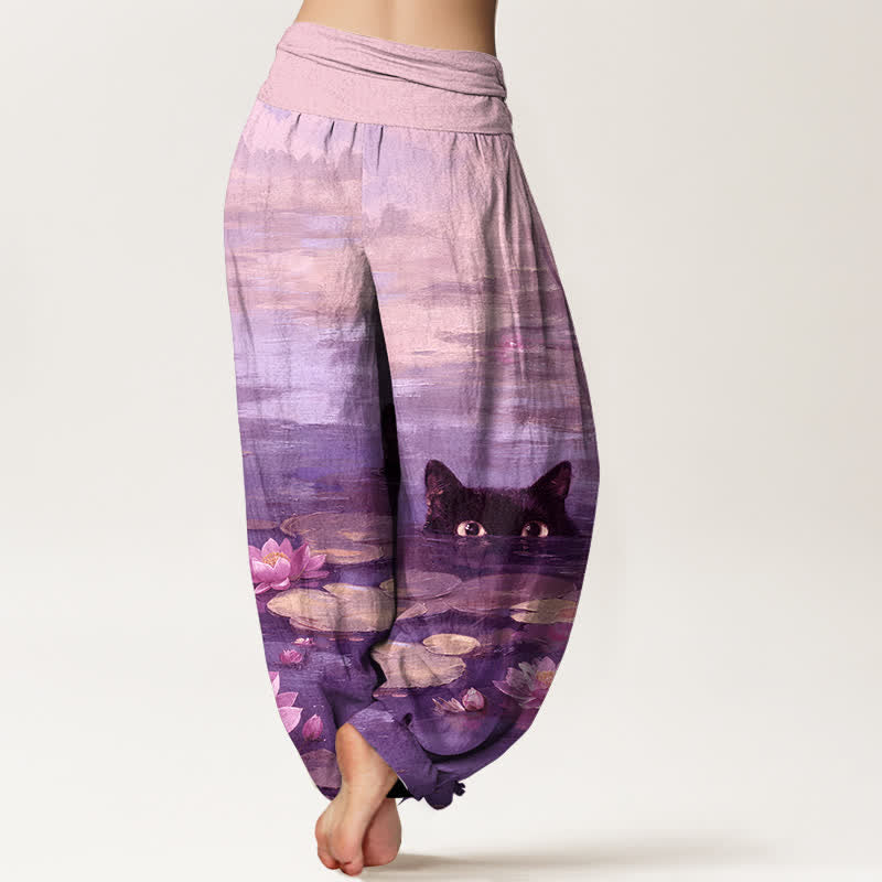 Buddha Stones Pantalones harem de mujer con cintura elástica y estampado de gato y loto de algodón. - image 6