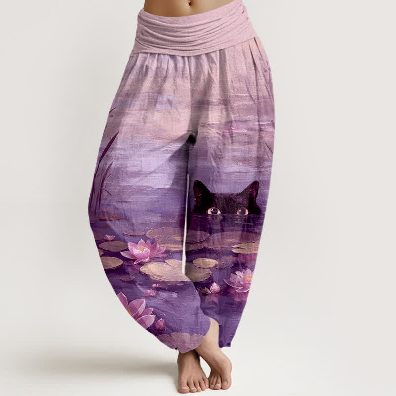 Buddha Stones Pantalones harem de mujer con cintura elástica y estampado de gato y loto de algodón. - Morado medio - US16，UK/AU20，EU48 (3XL) - image 5