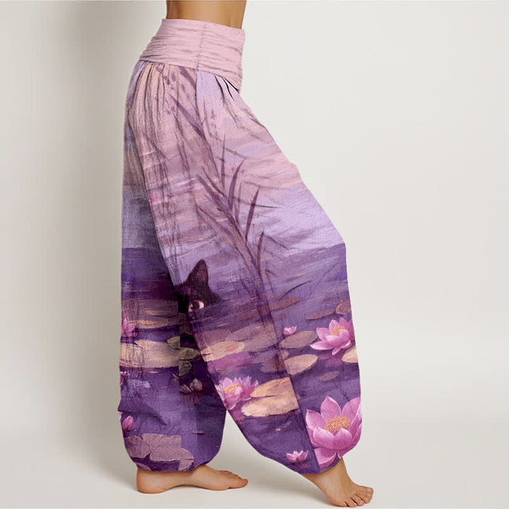 Buddha Stones Pantalones harem de mujer con cintura elástica y estampado de gato y loto de algodón. - image 7