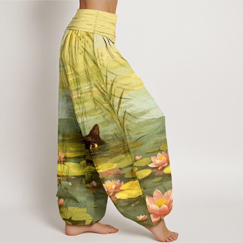 Buddha Stones Pantalones harem de mujer con cintura elástica y estampado de gato y loto de algodón. - image 10
