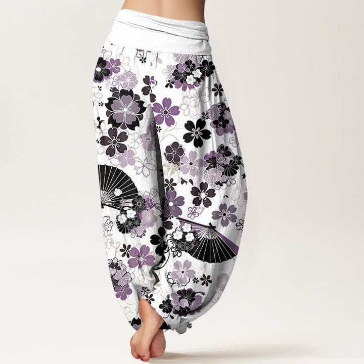 Buddha Stones Pantalones harem de mujer con cintura elástica y estampado floral de flores de cerezo en algodón. - image 1