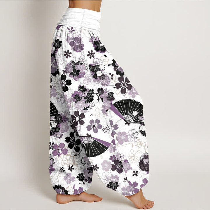 Buddha Stones Pantalones harem de mujer con cintura elástica y estampado floral de flores de cerezo en algodón. - image 2