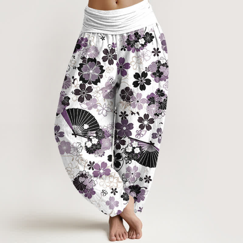 Buddha Stones Pantalones harem de mujer con cintura elástica y estampado floral de flores de cerezo en algodón. - Cardo - US16，UK/AU20，EU48 (3XL) - image 0