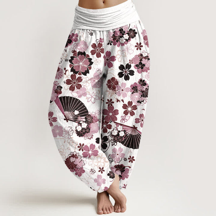 Buddha Stones Pantalones harem de mujer con cintura elástica y estampado floral de flores de cerezo en algodón. - Marrón rosado - US16，UK/AU20，EU48 (3XL) - image 5