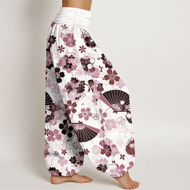 Buddha Stones Pantalones harem de mujer con cintura elástica y estampado floral de flores de cerezo en algodón. - image 7