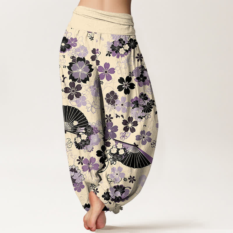 Buddha Stones Pantalones harem de mujer con cintura elástica y estampado floral de flores de cerezo en algodón. - image 9