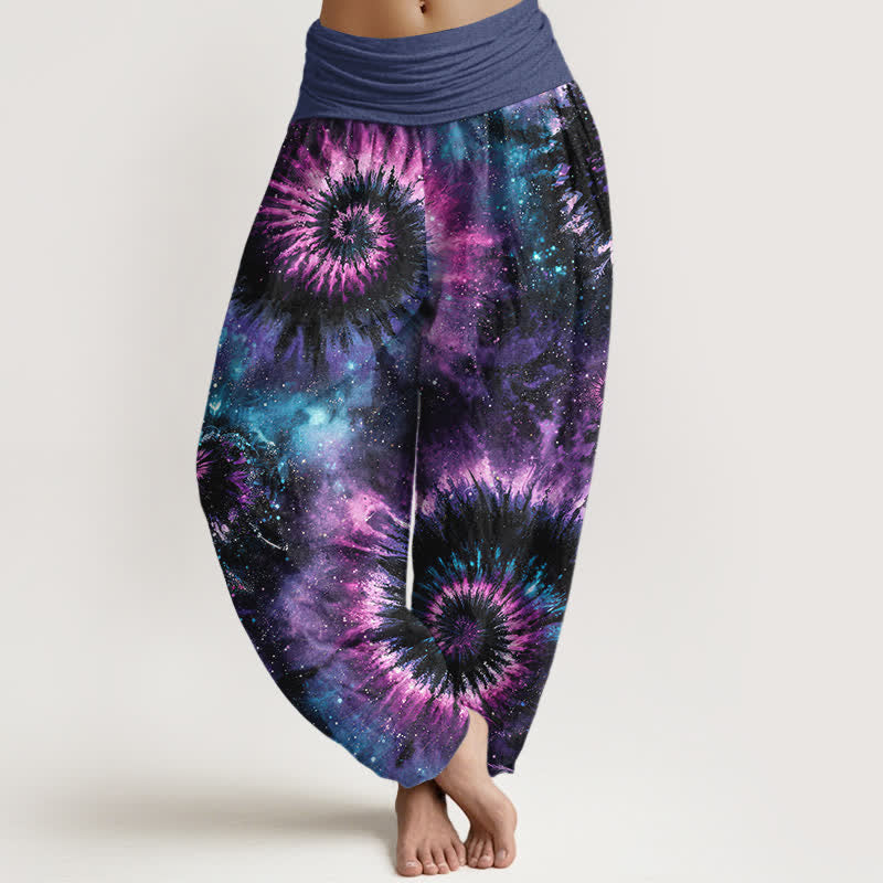 Buddha Stones Pantalones harem de mujer con cintura elástica y estampado espiral cósmico de algodón puro para mujer - Púrpura - US16，UK/AU20，EU48 (3XL) - image 0