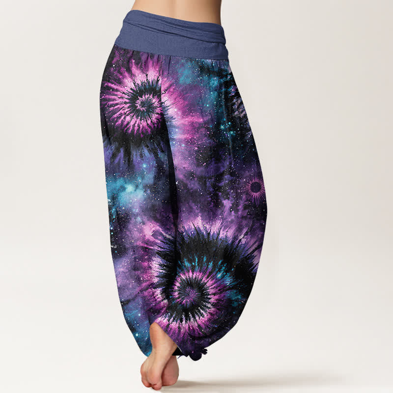 Buddha Stones Pantalones harem de mujer con cintura elástica y estampado espiral cósmico de algodón puro para mujer - image 1