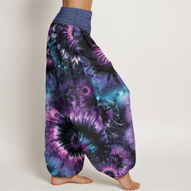 Buddha Stones Pantalones harem de mujer con cintura elástica y estampado espiral cósmico de algodón puro para mujer - image 2
