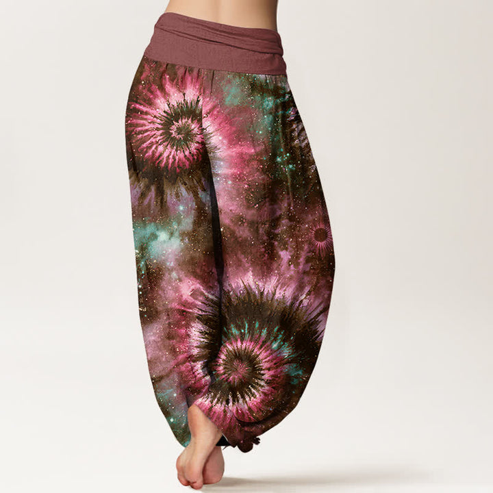 Buddha Stones Pantalones harem de mujer con cintura elástica y estampado espiral cósmico de algodón puro para mujer - image 6