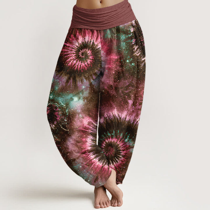 Buddha Stones Pantalones harem de mujer con cintura elástica y estampado espiral cósmico de algodón puro para mujer - Marrón - US16，UK/AU20，EU48 (3XL) - image 5
