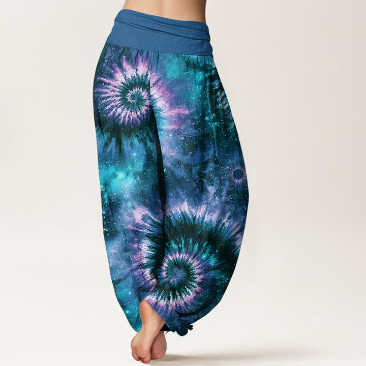 Buddha Stones Pantalones harem de mujer con cintura elástica y estampado espiral cósmico de algodón puro para mujer - image 9