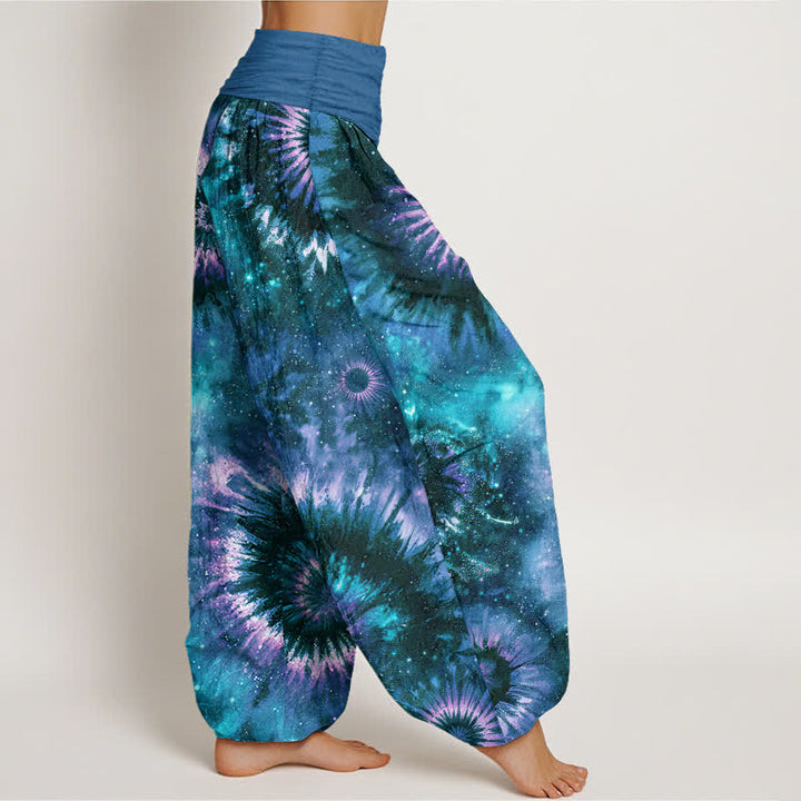 Buddha Stones Pantalones harem de mujer con cintura elástica y estampado espiral cósmico de algodón puro para mujer - image 10