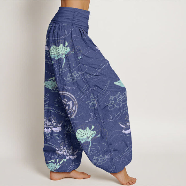 Buddha Stones Pantalones harem de mujer con cintura elástica y estampado de ondas de loto de algodón. - image 2