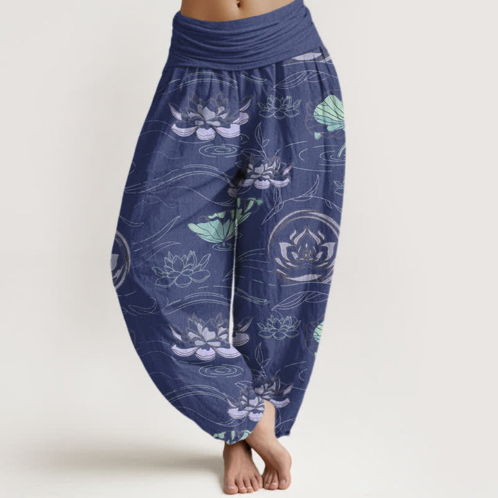 Buddha Stones Pantalones harem de mujer con cintura elástica y estampado de ondas de loto de algodón. - Marina de guerra - US16，UK/AU20，EU48 (3XL) - image 0