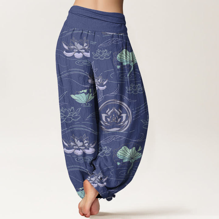 Buddha Stones Pantalones harem de mujer con cintura elástica y estampado de ondas de loto de algodón. - image 1