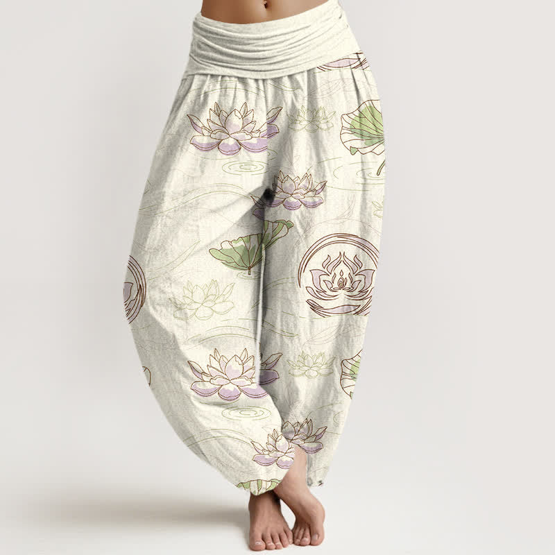 Buddha Stones Pantalones harem de mujer con cintura elástica y estampado de ondas de loto de algodón. - Marfil - US16，UK/AU20，EU48 (3XL) - image 5