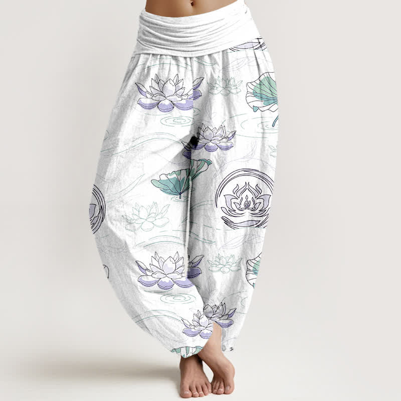 Buddha Stones Pantalones harem de mujer con cintura elástica y estampado de ondas de loto de algodón. - Blanco - US16，UK/AU20，EU48 (3XL) - image 8