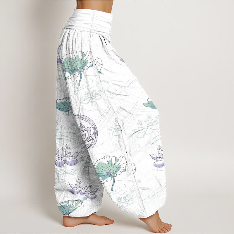 Buddha Stones Pantalones harem de mujer con cintura elástica y estampado de ondas de loto de algodón. - image 10