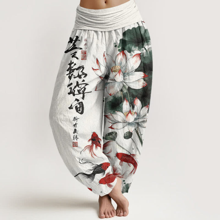 Buddha Stones Pantalones harem de mujer con cintura elástica y estampado de caligrafía en tinta de pez koi rojo y loto de algodón. - Blanco floral - US16，UK/AU20，EU48 (3XL) - image 0