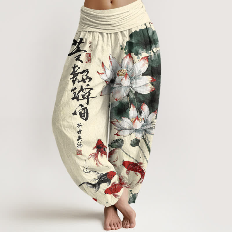 Buddha Stones Pantalones harem de mujer con cintura elástica y estampado de caligrafía en tinta de pez koi rojo y loto de algodón. - seda de maíz - US16，UK/AU20，EU48 (3XL) - image 8