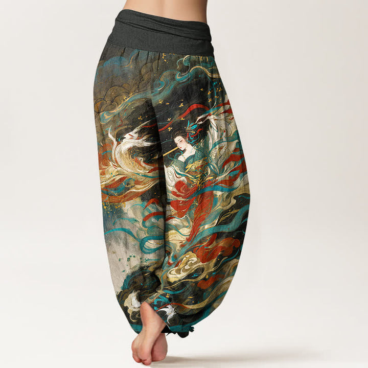 Buddha Stones Pantalones harem de algodón Dunhuang con estampado oriental de nubes y cintura elástica para mujer. - image 1