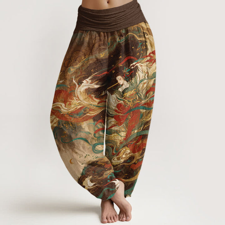 Buddha Stones Pantalones harem de algodón Dunhuang con estampado oriental de nubes y cintura elástica para mujer. - Marrón silla de montar - US16，UK/AU20，EU48 (3XL) - image 5