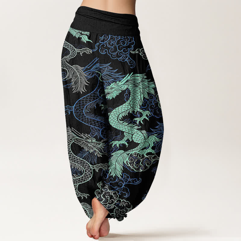 Buddha Stones Pantalones harem de algodón con estampado de dragón azul celeste para mujer con cintura elástica. - image 1