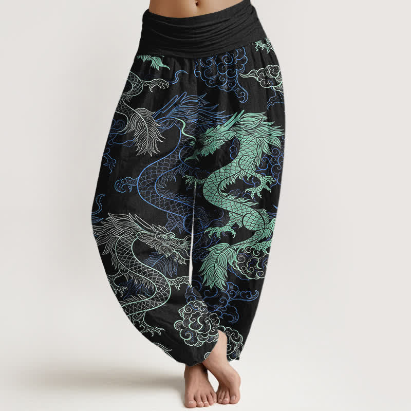 Buddha Stones Pantalones harem de algodón con estampado de dragón azul celeste para mujer con cintura elástica. - Negro - US16，UK/AU20，EU48 (3XL) - image 0